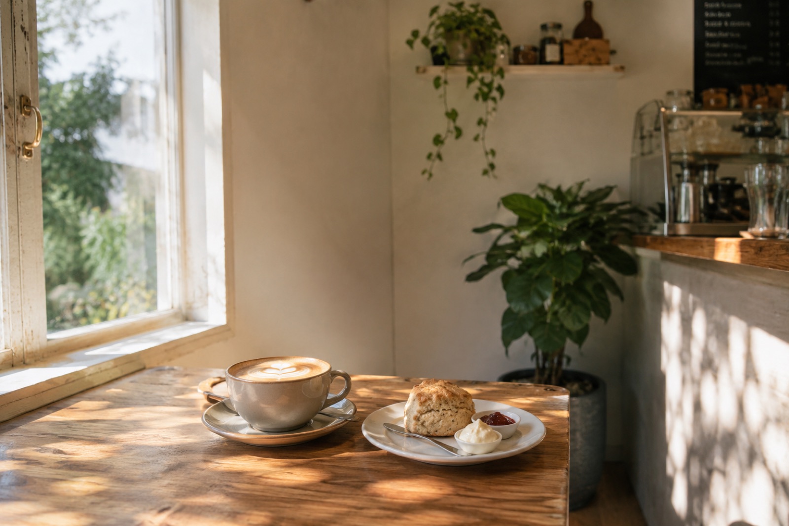 朝の光が差し込む窓ぎわの席のカフェラテとスコーン