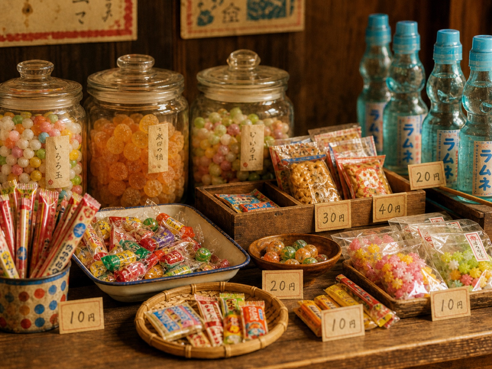木の台に並ぶ色とりどりの駄菓子とラムネ