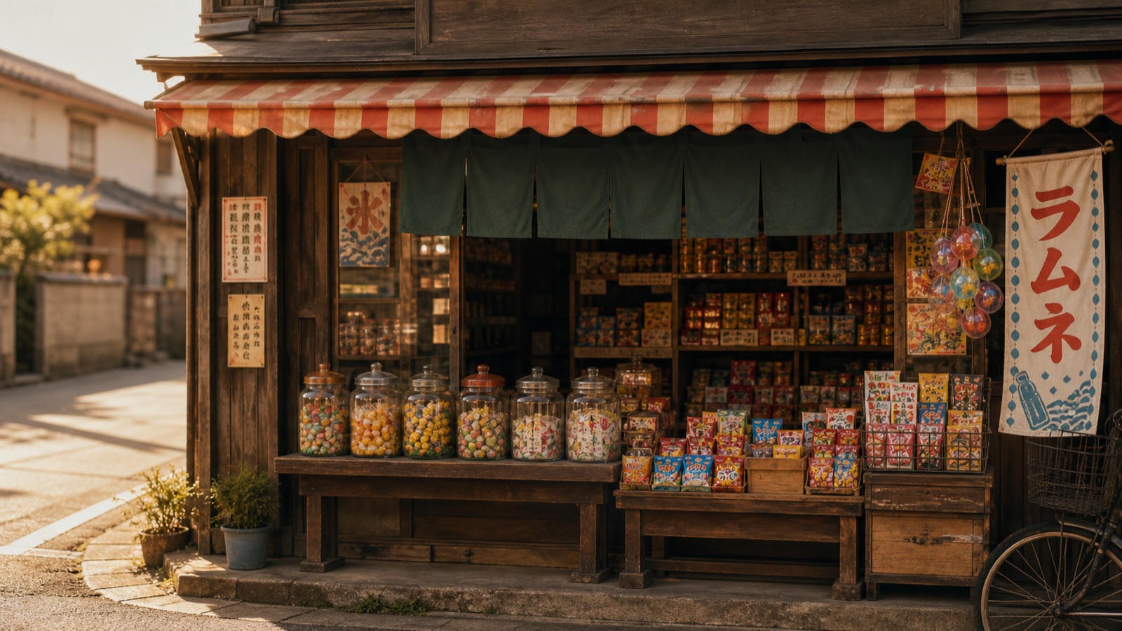 夕方の光に包まれた昭和風の駄菓子屋の店先